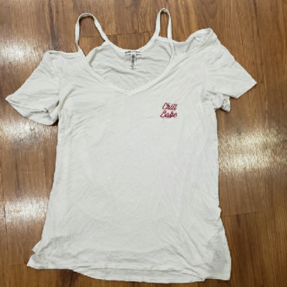 PINK Victoria's Secret White Cold-Shoulder Tee with Red Embroidery